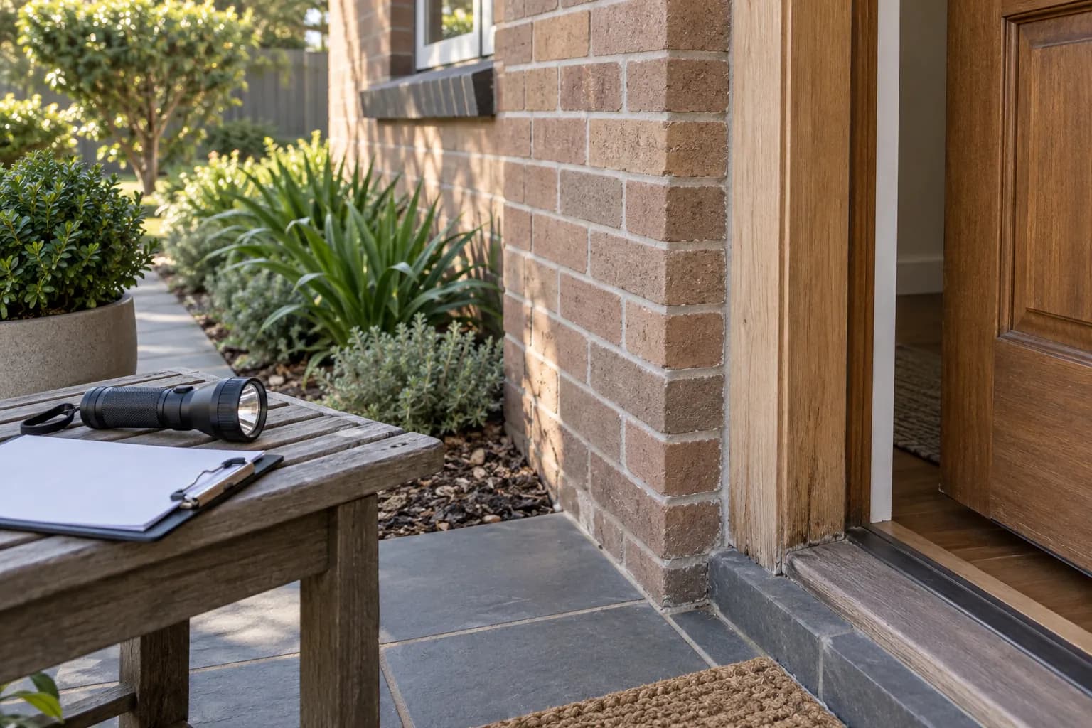 Front door and garden with a torch and inspection clipboard